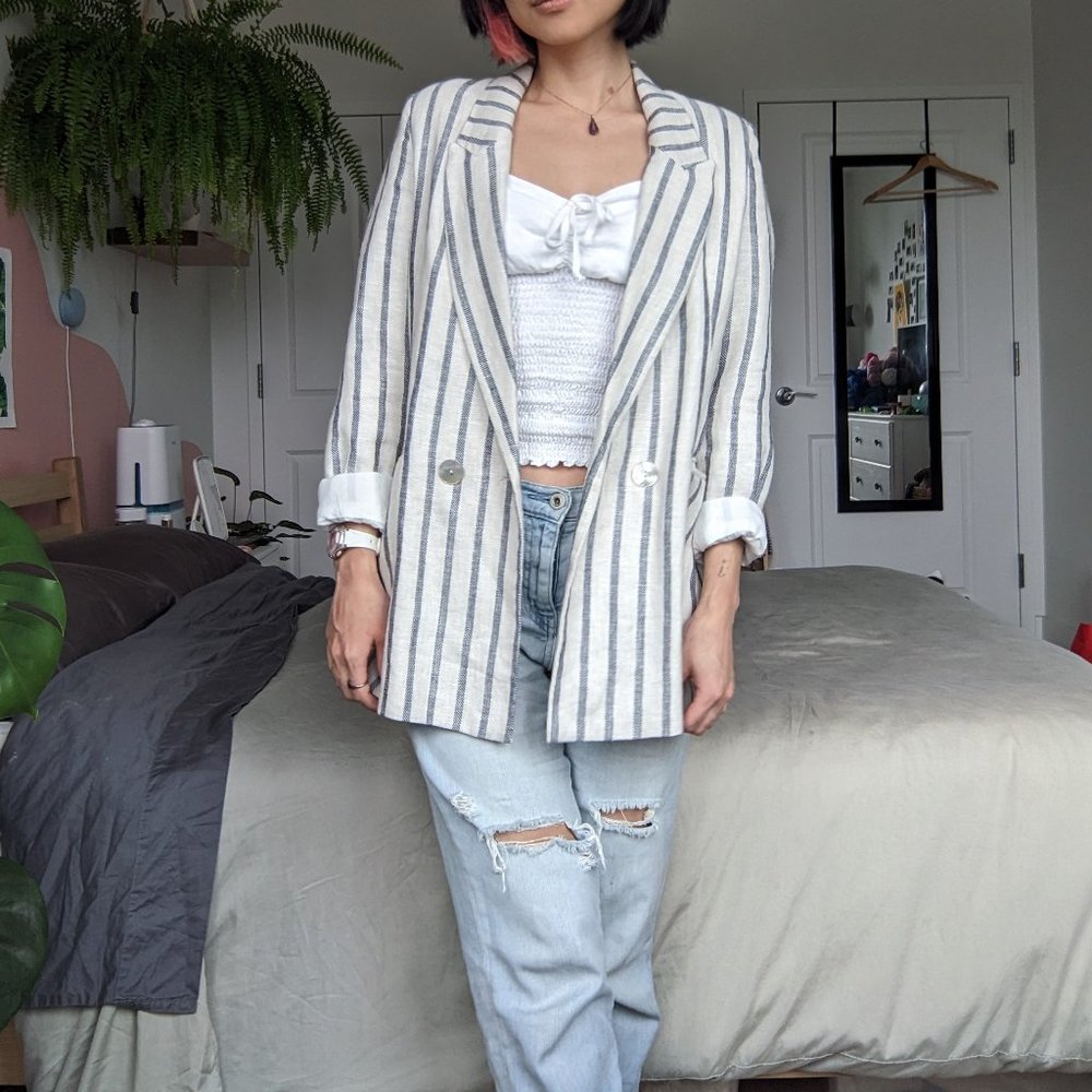 Mango Striped Blazer - Cream and Blue